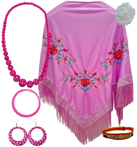 Mantón de Manila con Accesorios: Mantón de Manila con Flores Bordadas, Pinza Pelo Flor, Collar, Pulsera y Pendientes Flamencos y Pulsera de Tela.