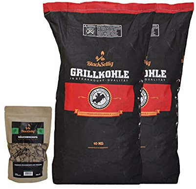 BlackSellig Steakhouse Grillkohle - Premium Quebracho Blanco Holzkohle | Lange Brenndauer | Hohe Hitze | Geringe Rauchentwicklung (20kg + 360g Smokerchips)