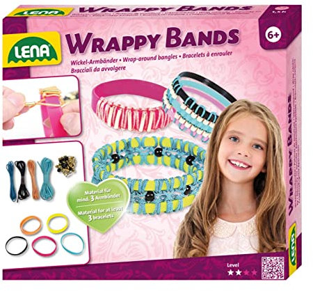 Lena 42652 - Bastelset Wrappy Bands, Komplettset für mindestens 3 Wickelarmbänder mit 7 Silikonbänder in 5 Farben, Kordel in 4 Farben und 48 Fädelperlen, Schmuckbastelset für Kinder ab 6 Jahre