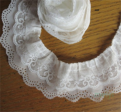 Qiuda 5 Meter 3-lagiges Plissee-Organza-Netz-Spitzen-Band, weißer Rand, 65 mm Breite, Bordüren, Stoff Vintage bestickte Applikation zum Nähen Basteln Kleider Rock Extender Socken Zubehör