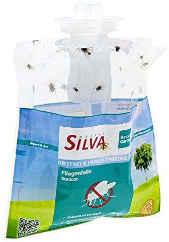 Silva® 2X Fliegenfalle Outdoor [BIS ZU 6 WOCHEN EINSETZBAR] – Einweg Monitoring Fliegenfänger für Garten, Terrasse, Balkon & Stall – Lockfalle zum Aufhängen – Fassungsvermögen bis zu 20.000 Fliegen.