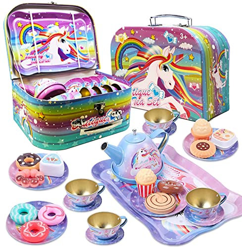 Koolbitz Colorful Unicorn Tin Tea Set Includes Metal Teapot, Tray, Cups, Saucers, Plates & Pretend Treats Washable, Child-Safe Materials | Fun Learning Toy for Kids