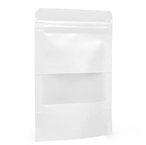 Evergreen Goods 50 White Matte Window Kraft Paper Bags 90x140mm | Zip Lock | Grip Seal, Moistureproof, Splashproof, Stand Up & Windowed Designs | Easy Storage | Valentine & Multipurpose