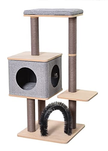 PetPals 42 Tall Minimalistic Wooden Brown Cat Tree with Large Wooden Framed Linen Condo, Arch Bruch, Recycled Paper Rope Scratching Post for Adult Cats(Gray)