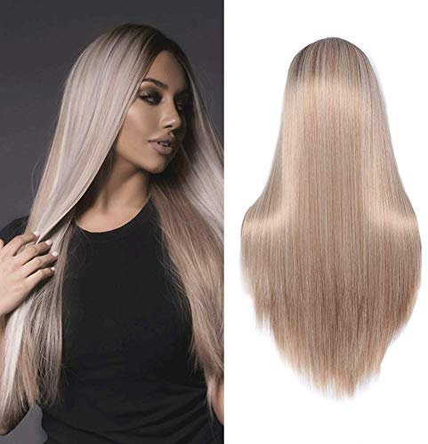 71cm (28'') Perücke braune und blonde Lang Glatt Ombre Perücken für Frauen, Dunkle Wurzel Mittelteil Volle Natürlich Party/Kostüm Wig Damen 041A