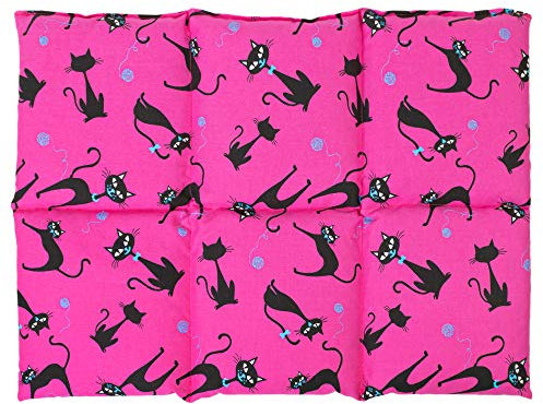 Coussin aux pépins de raisin 40x30 - Bouillotte sèche - Coussin thermique - Compresse froide (6 compartiments; Design: chat noir - fuchsia)