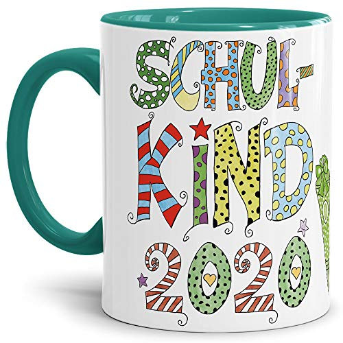 Tassendruck Geschenk Tasse zur Einschulung für Kinder mit Spruch - SCHULKIND 2020 - Geschenkidee zum Schulanfang/Erinnerung Schulbeginn/Erstklässler 2020 Junge - Innen & Henkel Türkis