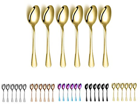 Cuchara de café dorada,Kyraton cuchara de café de acero inoxidable,cuchara de oro chapada en titanio,cuchara de postre,cuchara de helado,cuchara de té,juego de 6 piezas