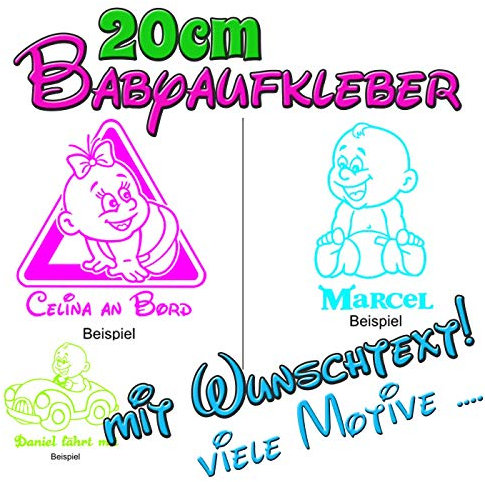 Babyaufkleber Kinderaufkleber On Board Sticker mit Wunschtext in 20cm Größe - viele Farben und Motive