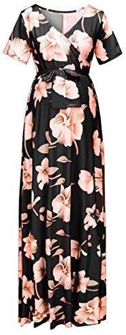 Freebily Vetement d Allaitement Robe Femme Maternité Longue Robe Grossesse Enceinte Casual Robe de Bain Plage Photographie Blouse Pyjamas Grande Taille S-4XL Noir 3XL