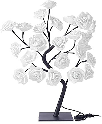 QYLJZB Table Lamp Rose Flower Light, Tabletop Bonsai Tree Lights, USB Powered Light Up Rose Tree Lamp for Party Home Wedding Christmas Decor(White)