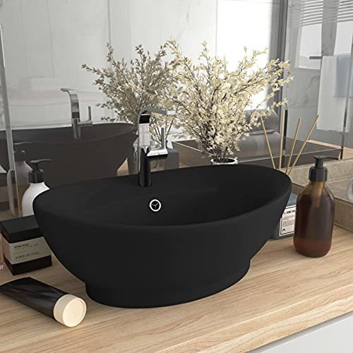 Leepesx Luxus-Waschbecken Überlauf, Becken, Waschschale, Handwaschbecken, Waschtisch, Spülbecken, Ablaufgarnitur, Matt Schwarz 58,5x39cm Keramik
