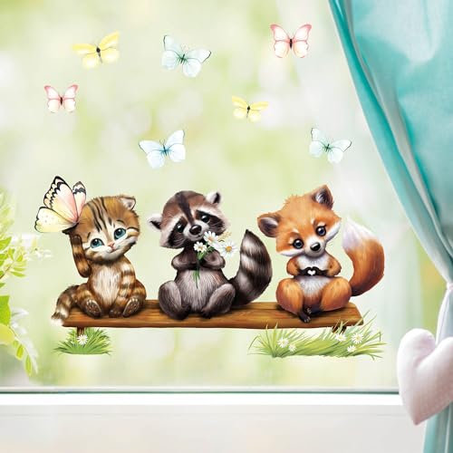 Wandtattoo Loft Fensterbilder Frühling Waschbär, Katze & Fuchs Motiv – A4 Bogen Wiederverwendbar – Frühlingsdeko Fenster, Frühlingsbild Fenster, Fenster Frühling, Fensterfolie Frühling Selbstklebend