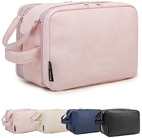 ROYALFAIR Kulturbeutel PU-Leder für Frauen Große Kapazität Reise-Organizer-Tasche Rasier-Dopp-Kit Wasserfeste Toilettenartikel-Organizer Kosmetiktaschen (Hell-Pink)