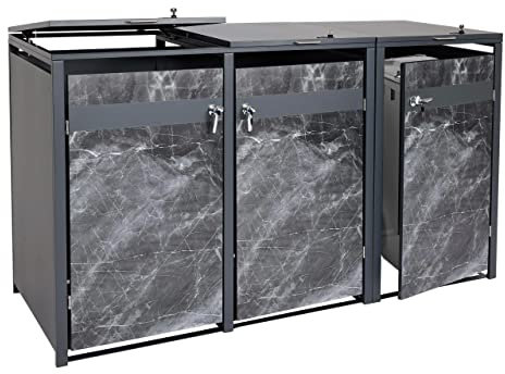 3er Mülltonnenverkleidung HWC-J82, Mülltonnenbox, erweiterbar, Metall 80kg, anthrazit - Marmor-Optik dunkel