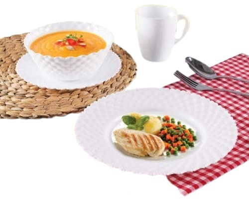 Reldor 16-Piece Porcelain White Dinner Set for 4, Gatherings, Parties Service for 4, Bowl Plate Mug Soup Side Porcelain Cup Gift Kitchen Service (Dotted Embossed)