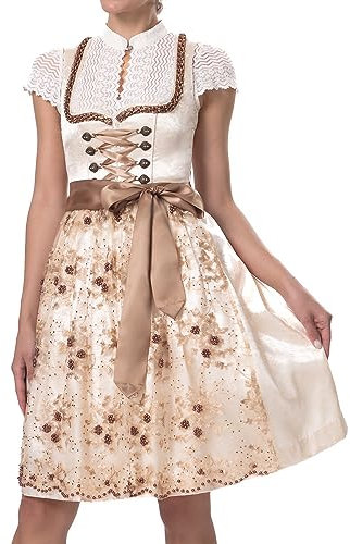 Dirndlparty Dirndl, Trachtenrock Damen Gold Dirndl für Damen mit Champagner Gold Spitzenschürze Trachtenkleid Elegant 60cm Knielang mit Seitentaschen Oktoberfest, Größen 36