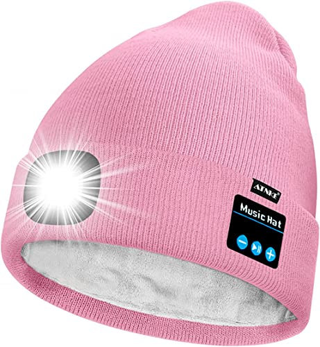ATNKE Unisex LED Bluetooth Mütze mit Licht,Wiederaufladbare USB 4 LED Musik Redner Laufmütze Lampe Winter Warme Gefüttertes Fleece Stricken Mütze für Herren und Damen Geschenke/Pink