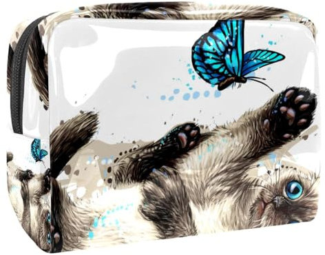 Trousse de maquillage en PVC avec motif chat couché avec papillon pour femme, trousse de toilette de voyage, grande pochette de maquillage pratique en PVC avec fermeture éclair, multicolore,