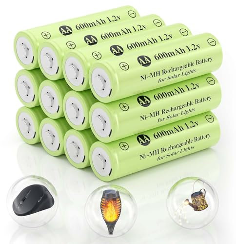 JiajaX AA 1.2V Ni-MH Rechargeable Batteries AA 600mAh 1.2V Double Solar Batteries Pre-Charged for Solar Lights Outdoor Path Lighting AA 600mAh Pack of 12