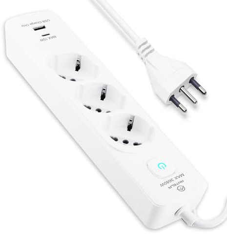 ANTELA Ciabatta MultiPresa Italiano, Presa Multipla con Interruttore e Cavo da 1,5 M, 3 Universale Standard Italiano, 1 USB A + 1 USB C, Bianco