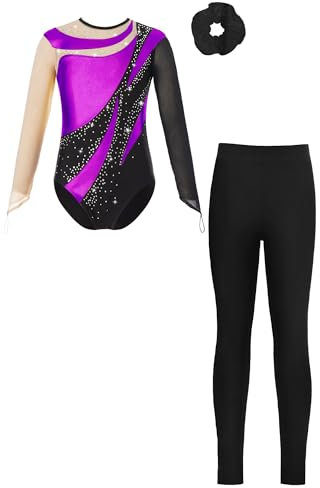 Alvivi Mädchen Turnanzug Langarm Gymnastikanzug mit Hose Haarband Patchwork Ballettanzug Trikotanzug Akrobatik Anzug Eislaufen Tanzkostüm Lila Schwarz 110-116