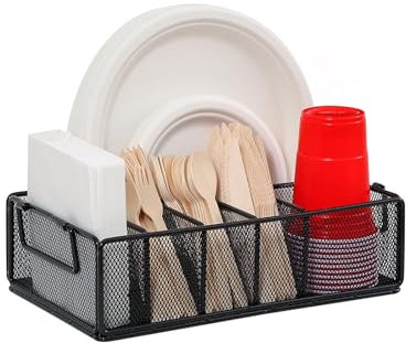 Remittur Kitchen Countertop Paper Plate Holders Utensil Caddy,Metal Silverware Utensil Holder Organizer for Plate Cup Fork Knives Spoon Napkin