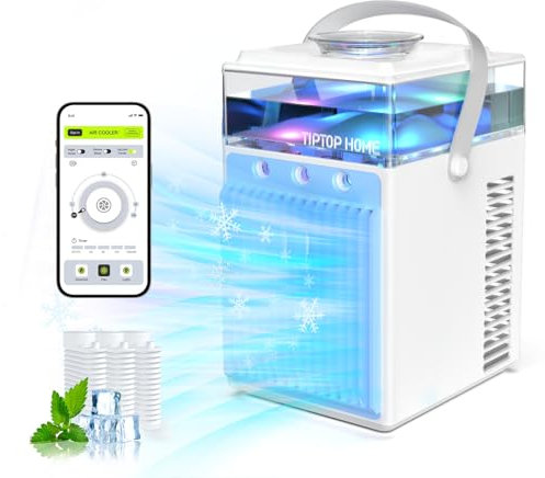 Aire Acondicionado Portátil, 800ML Mini Enfriador de Aire Portátil con Control de Aplicación, 5 en 1 USB Recargable con 6 Cajas de Hielo, Enfriador de Aire Portátil Interior