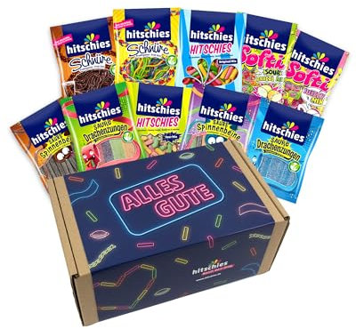hitschies Geschenkbox Alles Gute - Süßigkeiten Box mit 10 hitschies - Fruchtig-leckeres Naschvergnügen - Fertig verpackt - Boxmaße: 31x18x13 cm