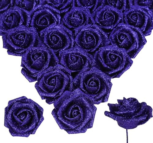 INSUNSIX Glitzernde blaue Rosen, 30 Stück, königsblaue Glitzer-Rosen, 6,5 cm, blaue künstliche Rosen mit Stielen, künstliche Schaumstoffrosen für Babyparty, Tafelaufsätze, Tischdekorationen für Party