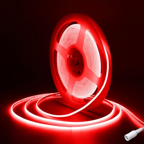 Fosingut Ruban LED COB Rouge 5m, DC12V 2.7mm Bande Chambre, 480LED/m CRI90+ Flexible Lumière Gaming Adhésif pour TV, Cuisine, Maison Décor Intérieure, DIY (Seule Bandeau)