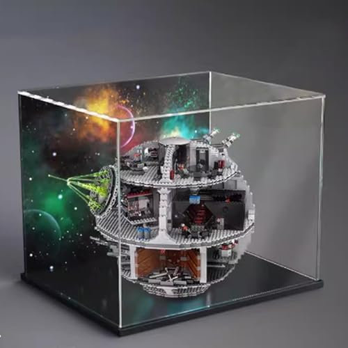 Acryl-Vitrine für Lego 75159 Todesstern-Modell, staubdichte transparente Acryl-Vitrine, Aufbewahrungsbox (Modell nicht im Lieferumfang enthalten) (schwarzer Boden + Rückenspray)