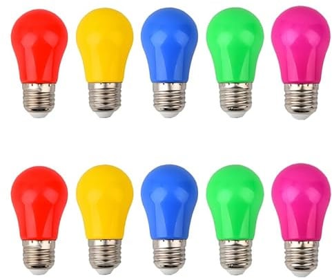 Jiotouhu 10er Pack Farbige LED Leuchtmitte 3W E27 A50 Gemischt Rot Gelb Grün Blau Violett,Bunte Glühbirnen für Hochzeit Halloween Weihnachten Party Bar