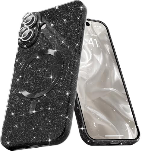 Micoden Glitzer Hülle für iPhone 16,kompatibel mit MagSafe [Diamant Kamera Schutzfolie] Kameraschutz Magnetische Handyhülle Dünne Weich Silikon TPU Case Mädchen Stoßfeste Schutzhülle,Schwarz