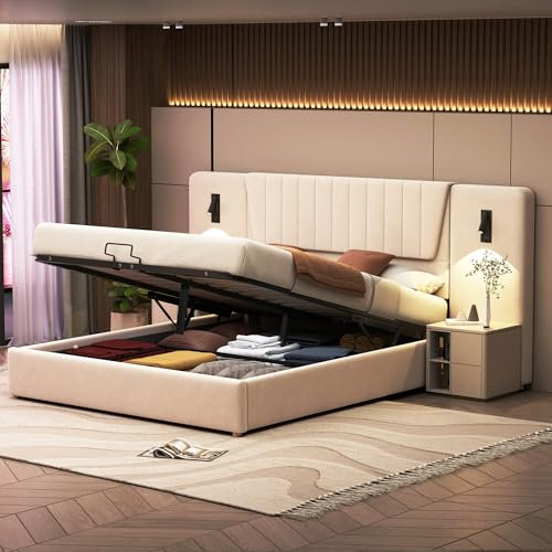 Doppelbett 180x200, integriertes Kopfteil mit Leselampe und USB Ladefunktion, Polsterbett Bettanlage mit Stauraum und Lattenrost, Hydraulisch Stauraumbett Funktionsbetten, Samt, Ohne Matratze, Beige