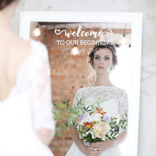 PLIGREAT 2 Sheets Wedding Mirror Decals Welcome to Our Begining Mirror Stickers Vinyl Welcome Sign Decals for Wedding Ceremony Guest Reception Bridal Dressing Room Vanity Mirror Window Glass Decor