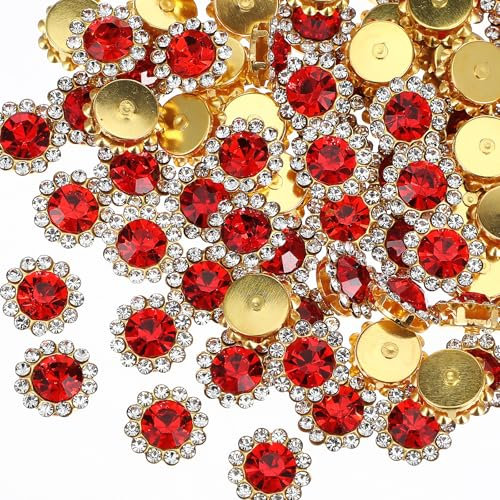 Teaaha 100 Stück 12mm Strasssteine zum Aufnähen, Glas Kristall Strasssteine, Metallsockel, Blumenform, für Kleidung, Schuhe, Ohrringe, Gürtel, DIY Handwerk, Nähzubehör(rot)