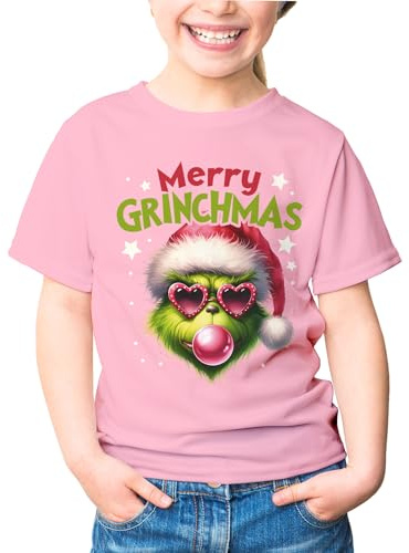 MoonWorks® Kinder T-Shirt Weihnachten Mery Grinchmas Weihnachtsshirt Mädchen Weihnachtsoutfit Rosa 98-104 (3-4 Jahre)