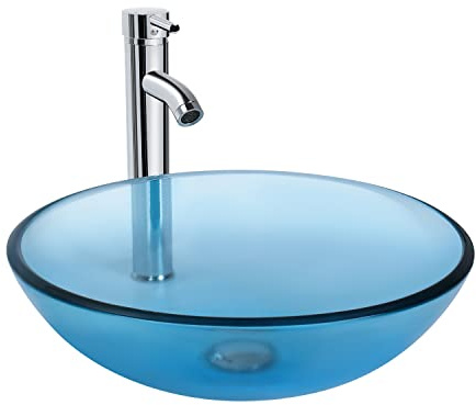 Bathroom Vessel Sink, Tempered Glass Vanity Round Bowl with Chrome Faucet and Pop up drain Set, Blue