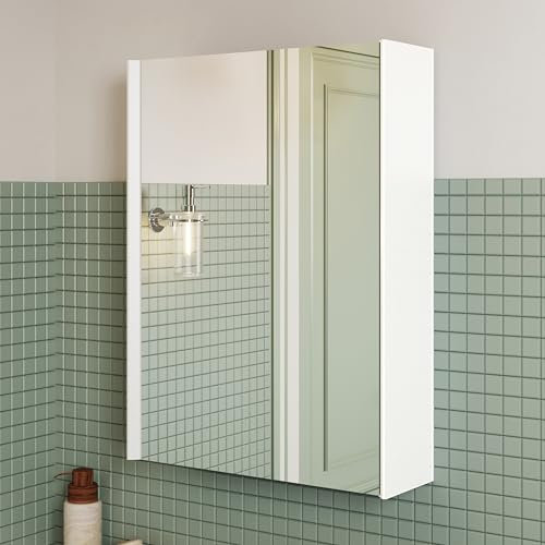BRIDGE BENO Armoire de Toilette Suspendue avec Miroir, Finition Blanc Mat, Porte à Fermeture Douce, Panneaux latéraux biseautés à 45 degrés (50CM)