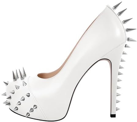 blingqueen Plateau Stiletto High Heels Runde Zehen Pumps Elegante Damenschuhe Slip on Punk Stil mit Nieten Glattoptik Weiß 39 EU