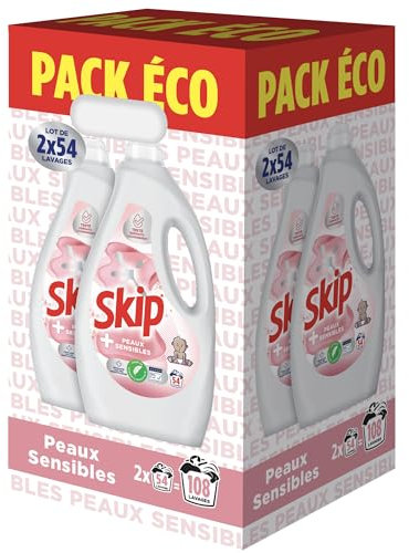 Skip - Lessive Liquide Peaux Sensibles - Contre les taches tenaces - Parfum léger et agréable - Testée dermatologiquement - 2x54 Lavages