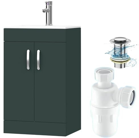 BELOFAY Under Sink Bathroom Cabinet Floor Standing Storage Cupboard Basin Vanity Unit, 500mm Laquered Cloakroom Vanity Unit with Basin, Trap and Waste, Tap not Included (New York Green)