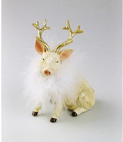 Generisch Dekofigur Schwein mit Geweih und Federkragen aus Polyresin 15 cm hoch Figur Deko