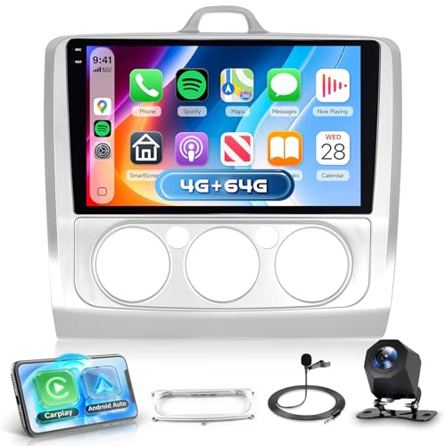 Rimoody 4G+64G for Ford Focus Mk2/Mk3 2004-2011 Wireless CarPlay | 9'' In-Cell Screen Car Stereo Android Auto, Android Car Radio GPS/Bluetooth 5.0/FM RDS/EQ/Wi-Fi/Mirror Link, Rear Camera