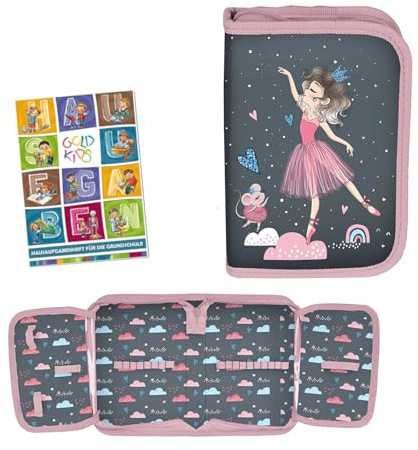 PASO - Federmäppchen 1 Fächer - Mäppchen für Mädchen und Jungen - Federmappe 1-Fach Federtasche - Schulmäppchen und Hausaufgabenheft - Ballerina Motiv