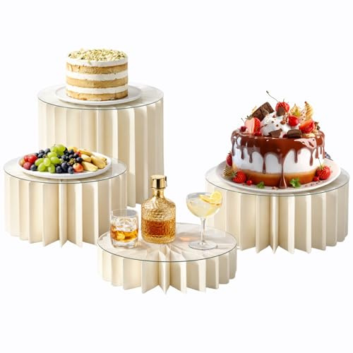 Buffet Risers 4 Pcs Food Display Risers w/Mini Signs & a Pen Acrylic Cardboard Cake Catering Dessert Jewelry Figures Show Collectibles Table Decor Display Stand 8x6x4x3 Inch Cube Showcase Shelf Boxes