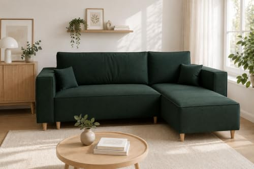 MARPUR Ecksofa Rio, Eckcouch in L-Form mit Schlaffunktion und Bettkasten, Farbe: Grün, Velourstoff, Ottomane Universal