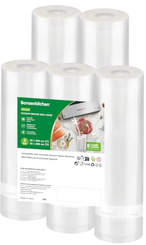 Bonsenkitchen Vacuum Bags for Food, 2 Rolls 28cm×300cm & 3 Rolls 20cm×300cm | Tear-Resistant Vacuum Sealer Bags for All Vacuum Sealers, Sous Vide and Microwave, BPA-Free