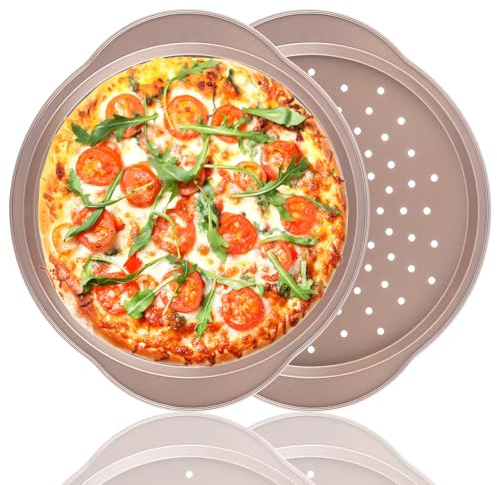 LOLYSIC 2 Pcs 14 Inch Pizza Trays for Oven Non Stick Pizza Pans Round Perforated Pizza Oven Trays Carbon Steel Baking Tray with Handle (Rose Gold)